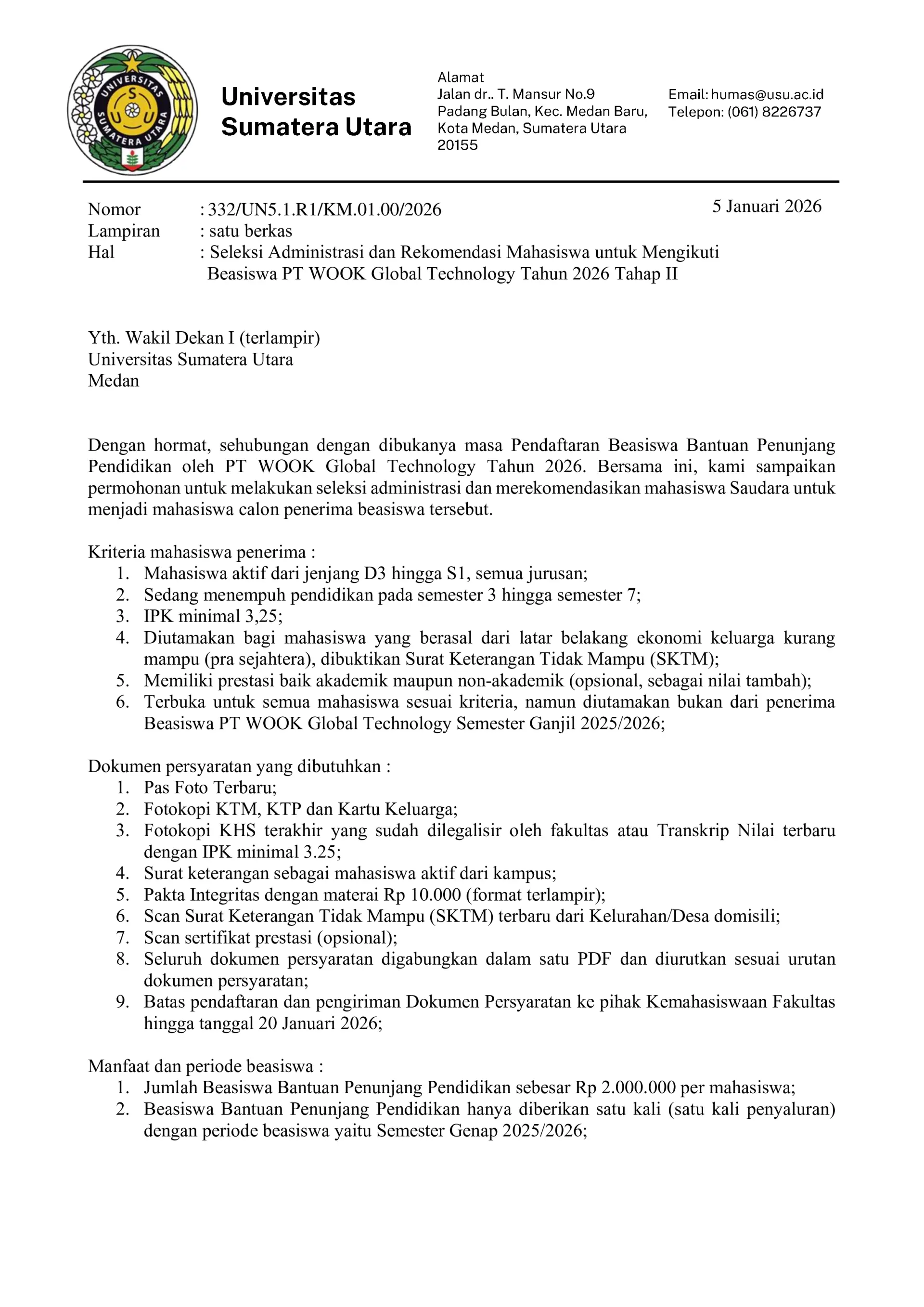 Administrative Selection and Student Recommendations for the 2026 PT WOOK Global Technology Scholarship Phase II